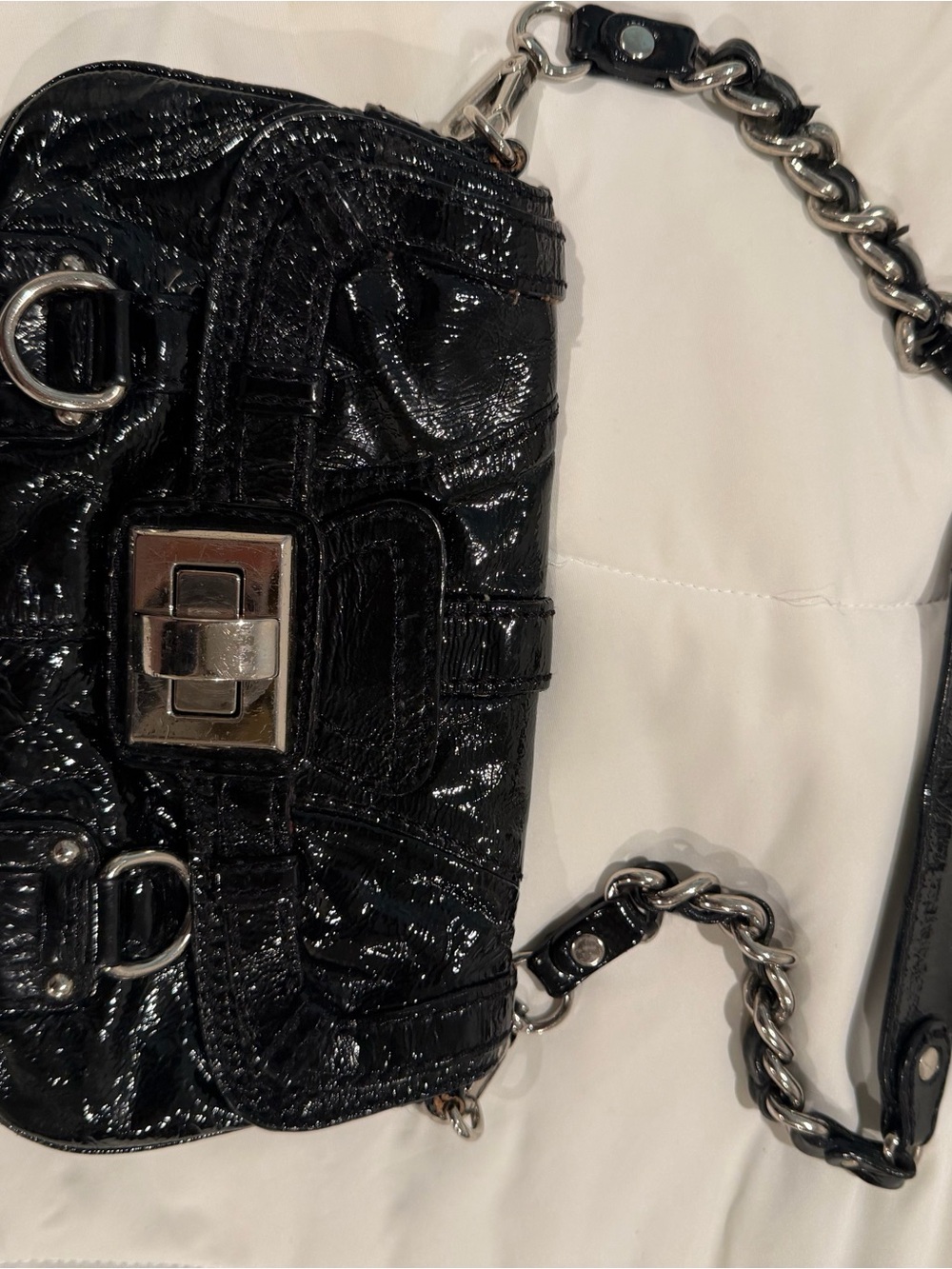 Lockheart Black Patent Leather Shoulder Bag | Y2K Silver Hardware Purse
